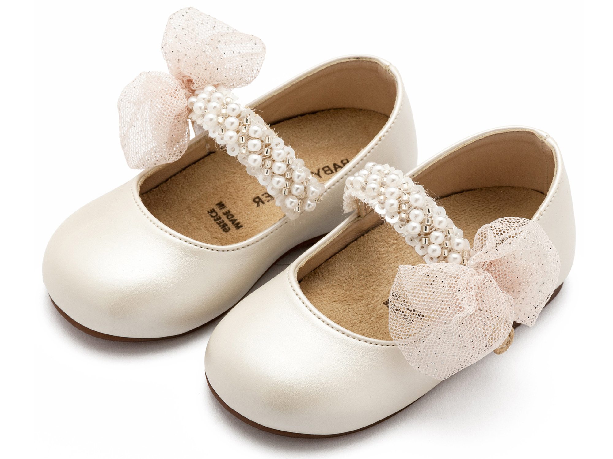 BS3596-IVORY-BABYWALKER Γοβάκι Μονή Μπαρέτα Διακοσμημένη με Χειροποίητο Διακοσμητικό BS3596 Εκρού - Image 1