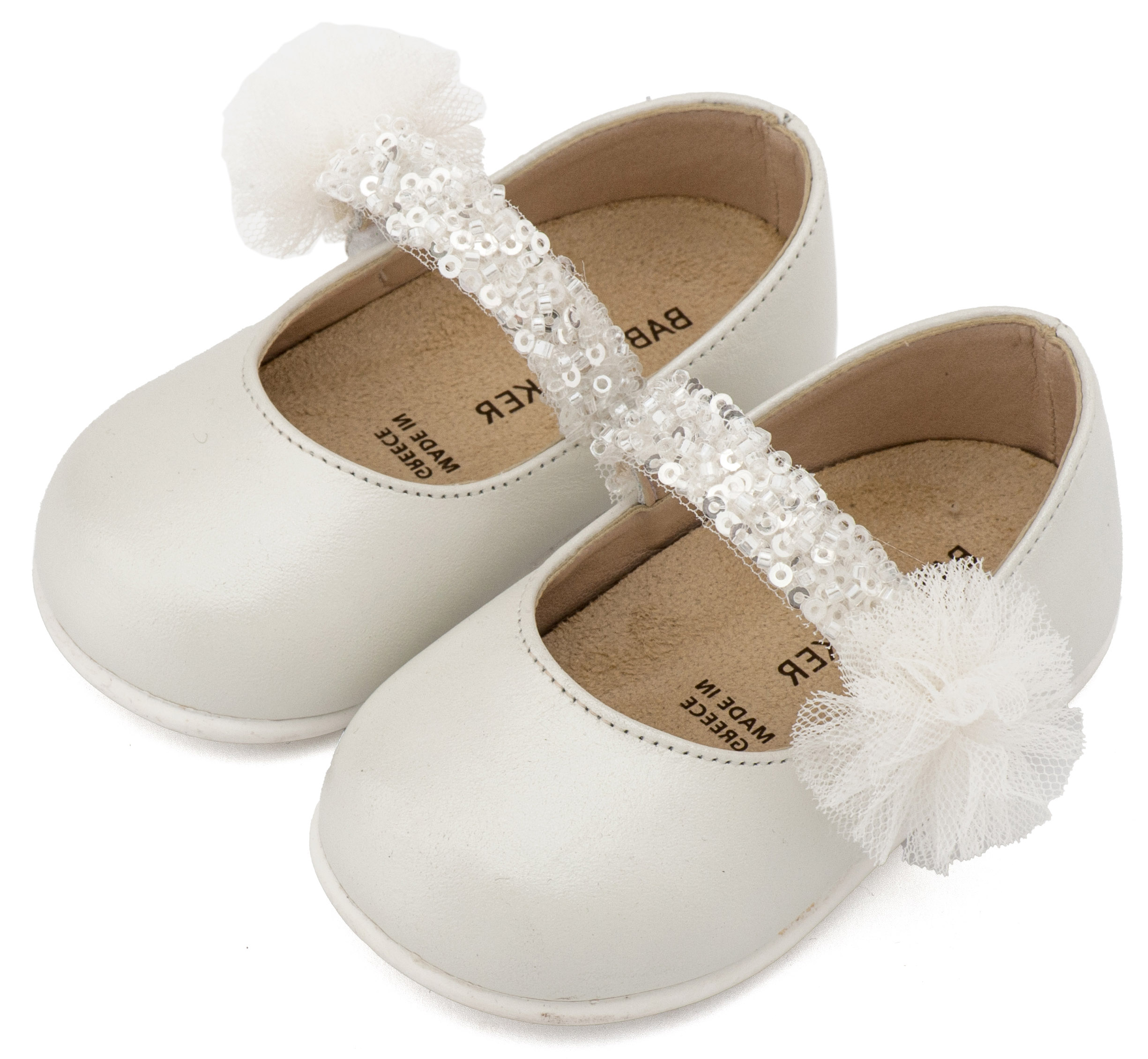 PRI2657-IVORY-BABYWALKER Γοβάκι Μονή Μπαρέτα Διακοσμημένο με Τρέσα και Τούλινο Πον Πον PRI2657 Εκρού - Image 1