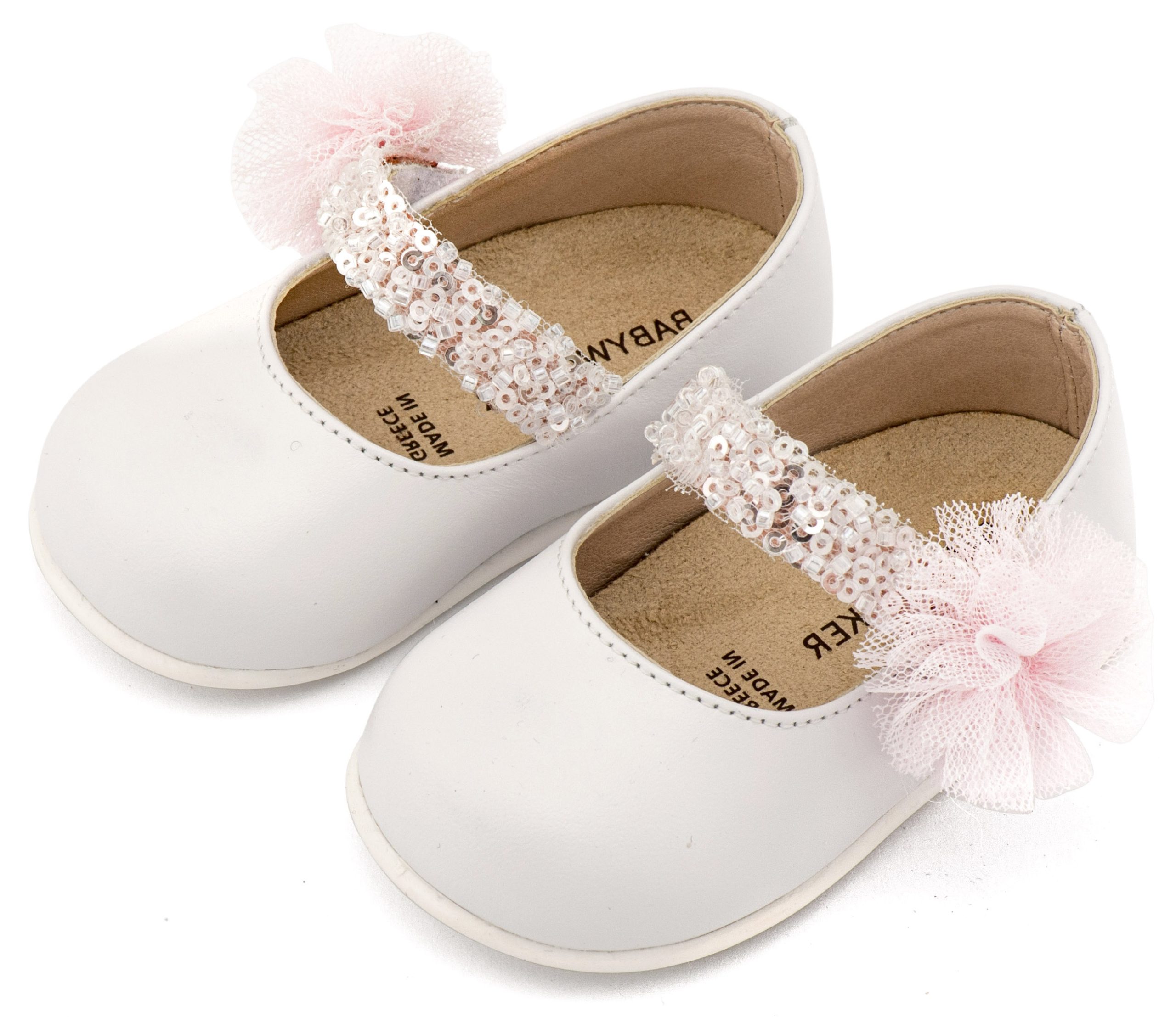 PRI2657-WHITE-PINK-BABYWALKER Γοβάκι Μονή Μπαρέτα Διακοσμημένο με Τρέσα και Τούλινο Πον Πον PRI2657 Λευκό Ροζ - Image 1