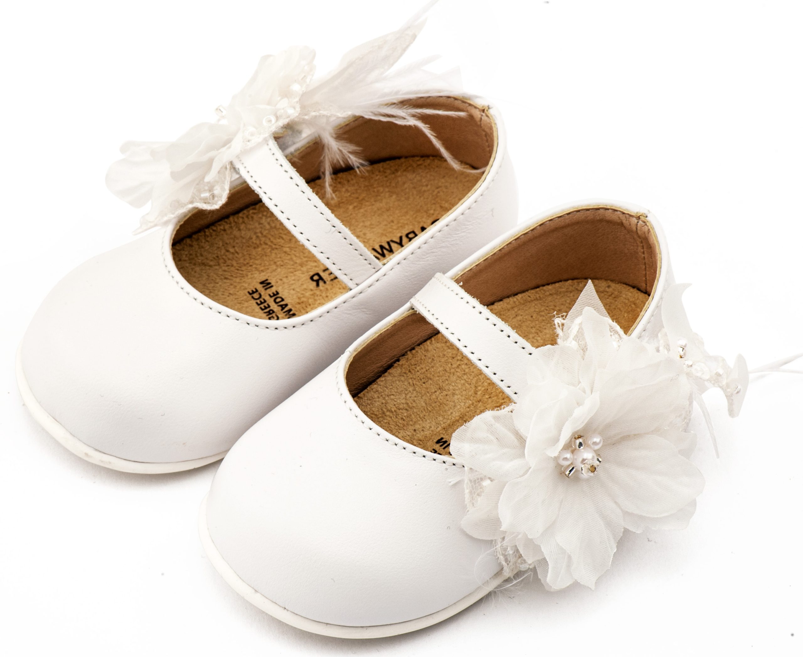 PRI2658-WHITE-BABYWALKER Γοβάκι Μονή Μπαρέτα Χειροποίητο Λουλούδι με Πούπουλα PRI2658 Λευκό - Image 1