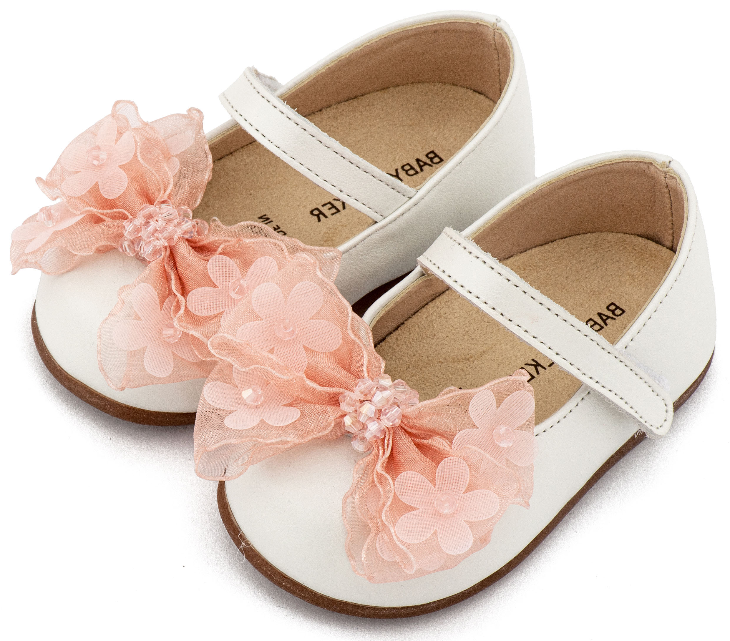 PRI2659-IVORY-PINK-BABYWALKER Γοβάκι Μονή Μπαρέτα Φιογκάκι Οργάντζας PRI2659 Εκρού Ροζ - Image 1